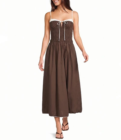 NIA Thomas Sweetheart Keyhole Tie Front Neckline Sleeveless Contrast Trim Cinched Maxi Dress