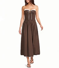 NIA Thomas Sweetheart Keyhole Tie Front Neckline Sleeveless Contrast Trim Cinched Maxi Dress