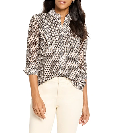 NIC + ZOE Abstract Dot Falling Chiffon Ruffle Split Collar V-Neck Long Sleeve Top