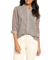 NIC + ZOE Abstract Dot Falling Chiffon Ruffle Split Collar V-Neck Long Sleeve Top