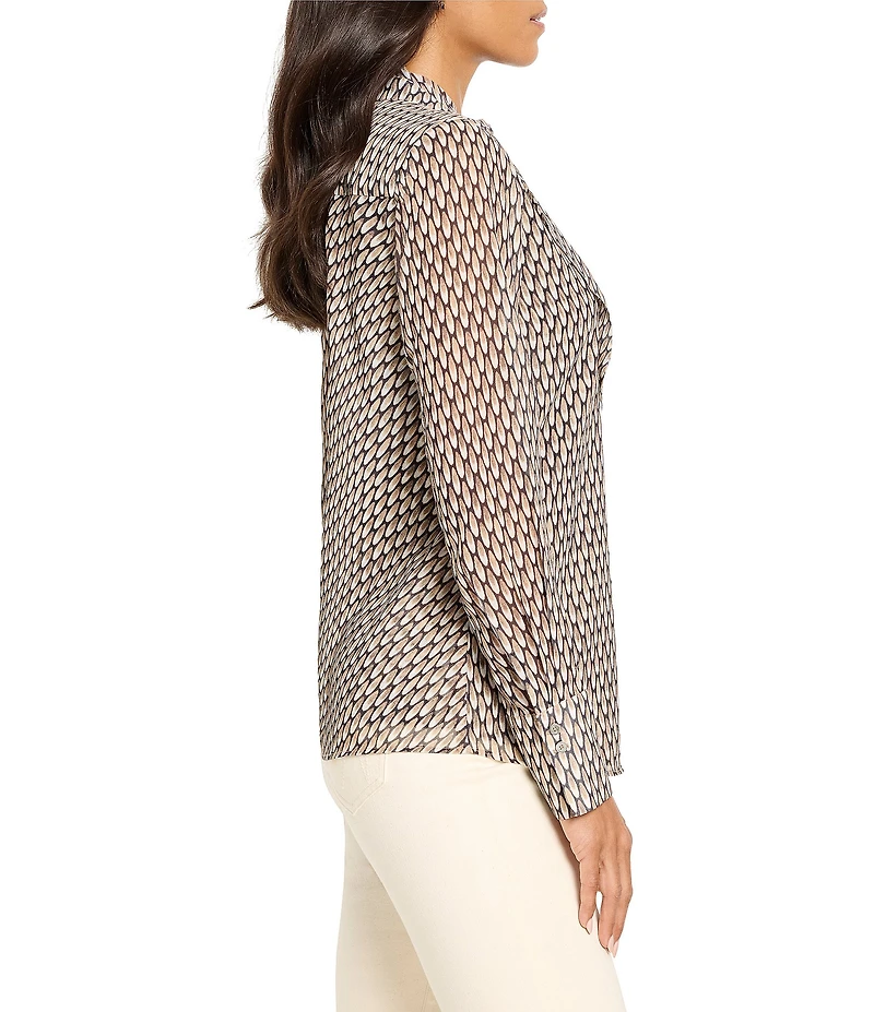 NIC + ZOE Abstract Dot Falling Chiffon Ruffle Split Collar V-Neck Long Sleeve Top