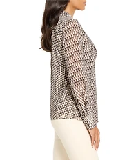 NIC + ZOE Abstract Dot Falling Chiffon Ruffle Split Collar V-Neck Long Sleeve Top