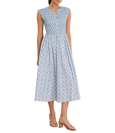 NIC + ZOE Amelia Embroidered Tile Split V-Neck Cap Sleeve Fit-And-Flare Dress