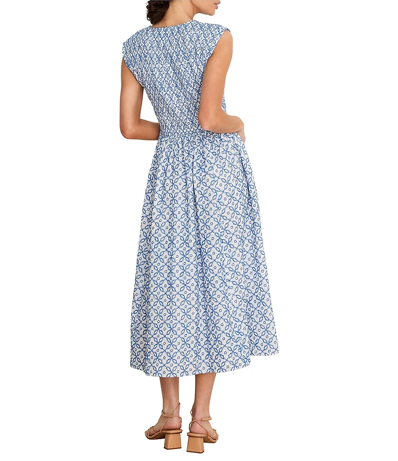 NIC + ZOE Amelia Embroidered Tile Split V-Neck Cap Sleeve Fit-And-Flare Dress
