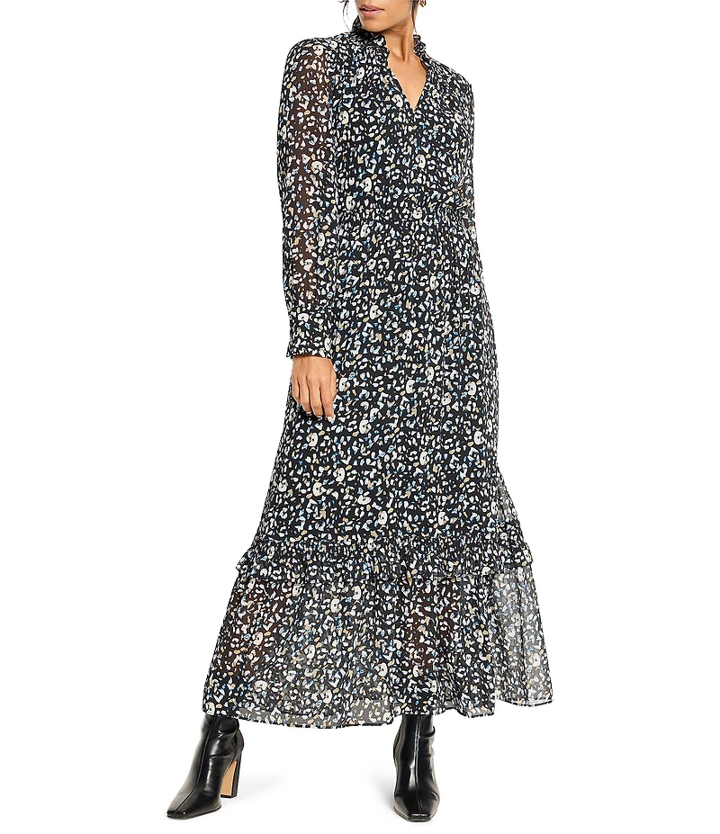 NIC + ZOE Anabelle Femme Cheetah Print Chiffon Split Neck Long Sleeve Maxi Dress