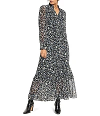 NIC + ZOE Anabelle Femme Cheetah Print Chiffon Split Neck Long Sleeve Maxi Dress