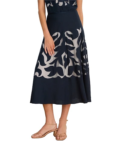 NIC + ZOE Antibes Linen-Blend Floral Cut-Out Applique On Mesh Inset A-Line Coordinating Midi Skirt