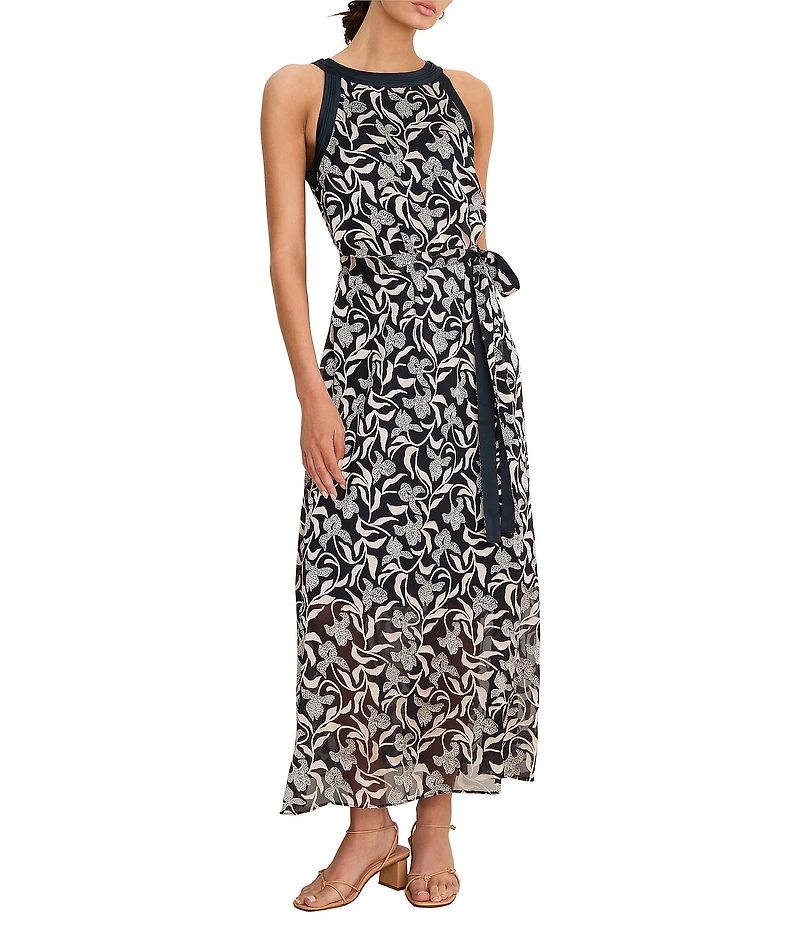 NIC + ZOE Becca Floral Burnout Round Neck Sleeveless Tie Wiast Dress
