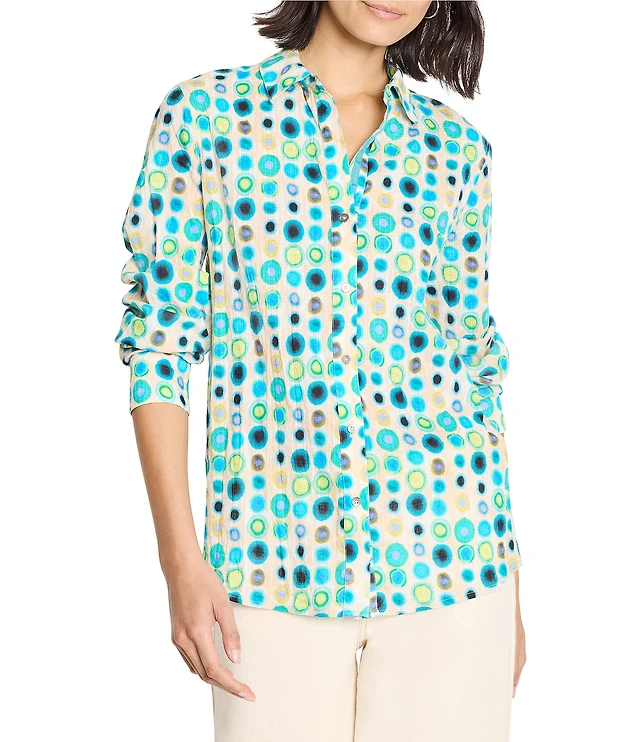 NIC ZOE Bright Spot Crinkle Point Collar Long Sleeve Button