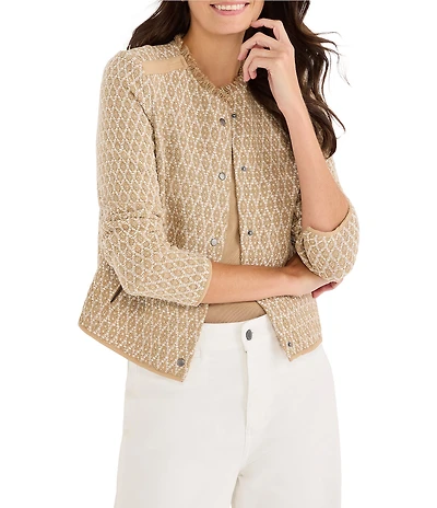 NIC + ZOE Brocade Fringe Knit Round Neck Long Sleeve Jacket