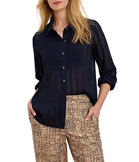 NIC + ZOE Chiffon Jacquard Point Collar Long Sleeve Button-Front Tuxedo Shirt
