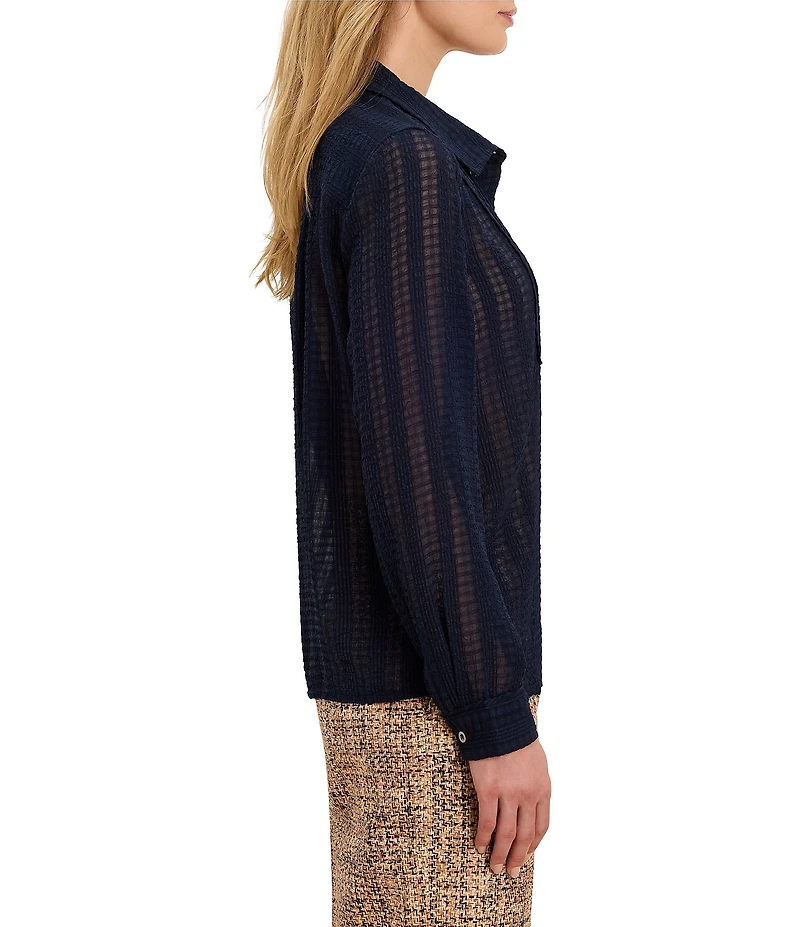 NIC + ZOE Chiffon Jacquard Point Collar Long Sleeve Button-Front Tuxedo Shirt