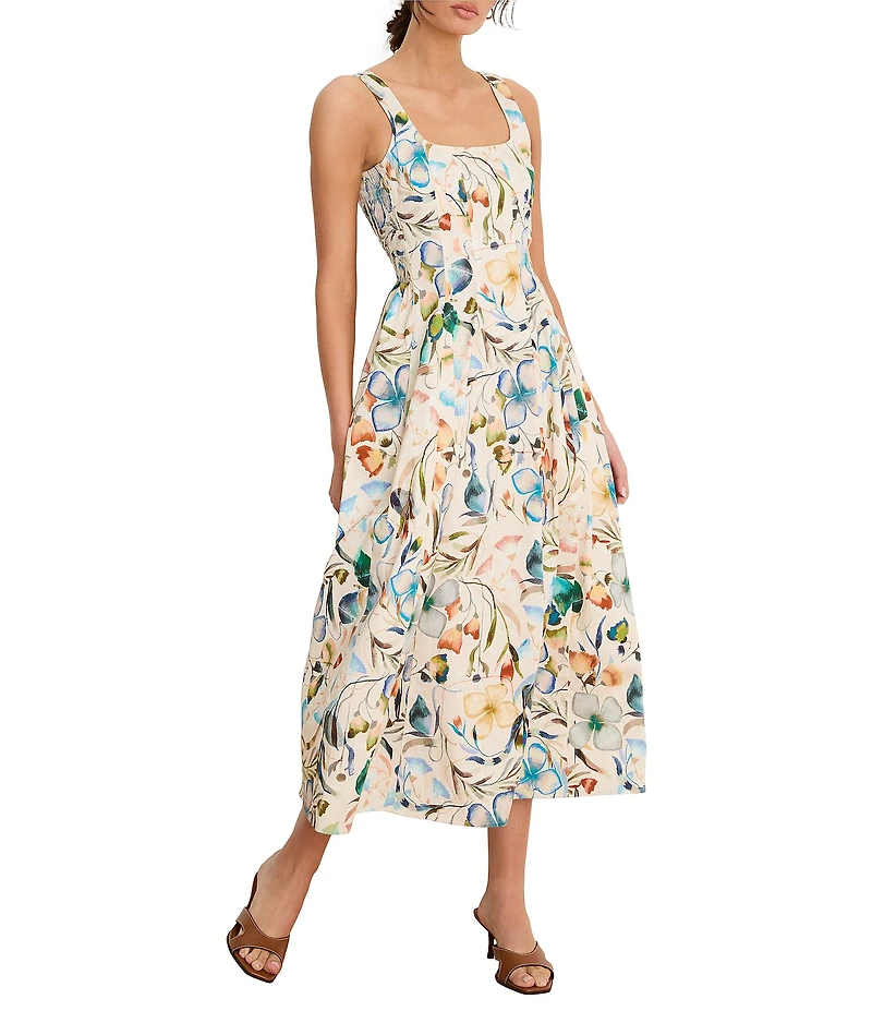 NIC + ZOE Chloe Pressed Flower Square Neck Sleeveless Fit-And-Flare Midi Dress