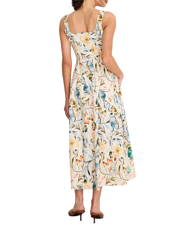 NIC + ZOE Chloe Pressed Flower Square Neck Sleeveless Fit-And-Flare Midi Dress