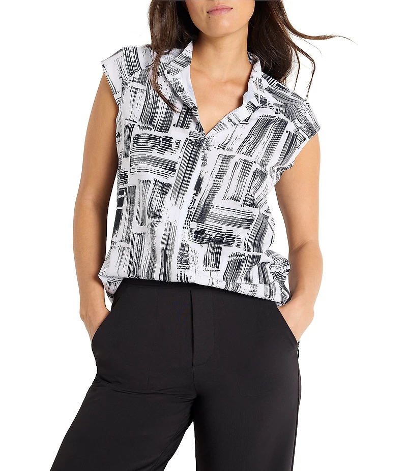 NIC + ZOE City Blocks Tech Stretch Split Collar Cap Sleeve Top