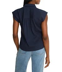 NIC + ZOE Coastal Cinkle Split Shirt Collar Neck Cap Sleeve Top