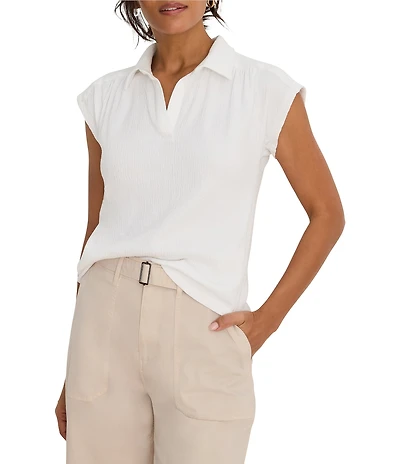 NIC + ZOE Coastal Crinkle Split Shirt Collar Neck Cap Sleeve Top