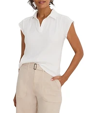 NIC + ZOE Coastal Crinkle Split Shirt Collar Neck Cap Sleeve Top