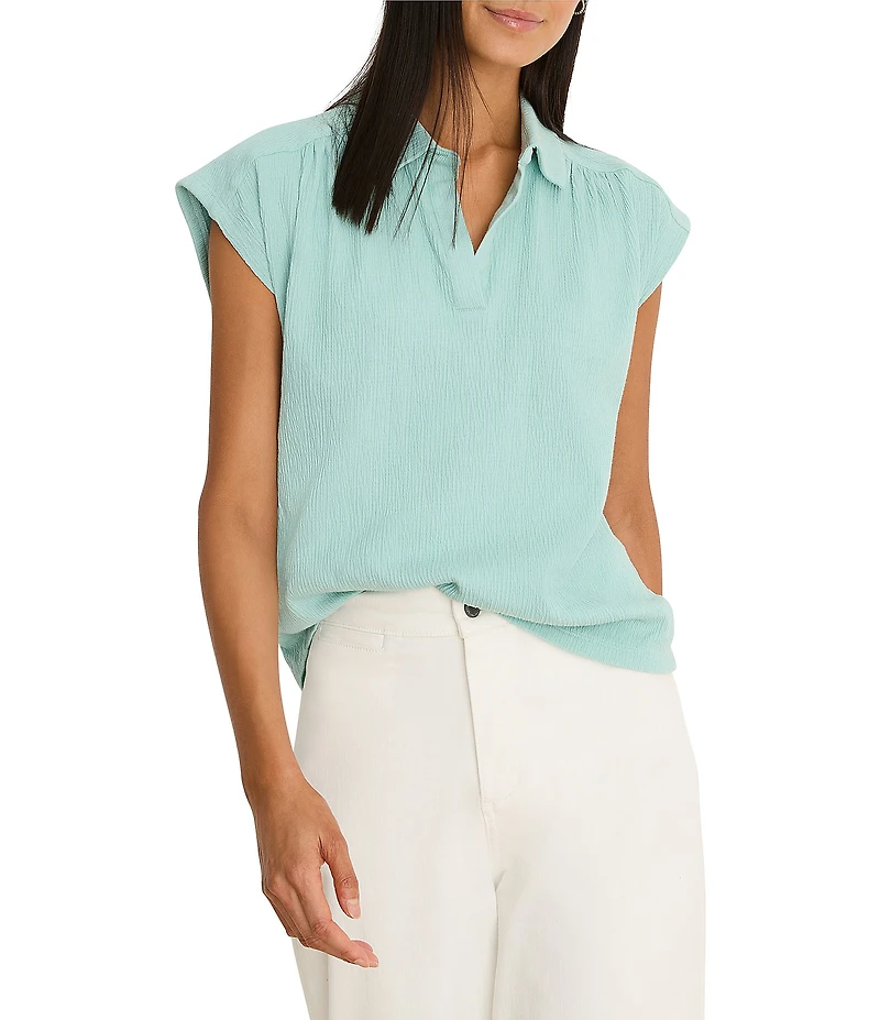 NIC + ZOE Coastal Crinkle Split Shirt Collar Neck Cap Sleeve Top