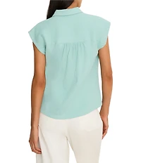 NIC + ZOE Coastal Crinkle Split Shirt Collar Neck Cap Sleeve Top