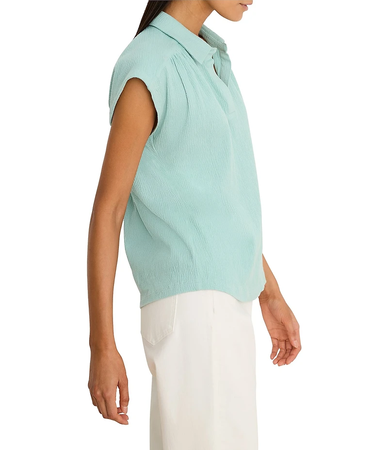 NIC + ZOE Coastal Crinkle Split Shirt Collar Neck Cap Sleeve Top