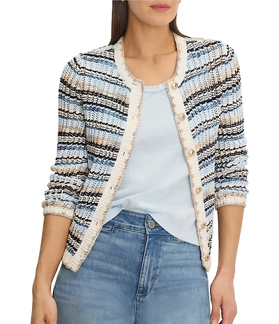 NIC + ZOE Coastlines Knit Stripe Round Neck Long Sleeve Button-Front Cardigan