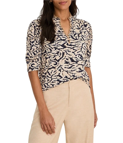 NIC + ZOE Contrast Swirl Split Neck Elbow Sleeve Top