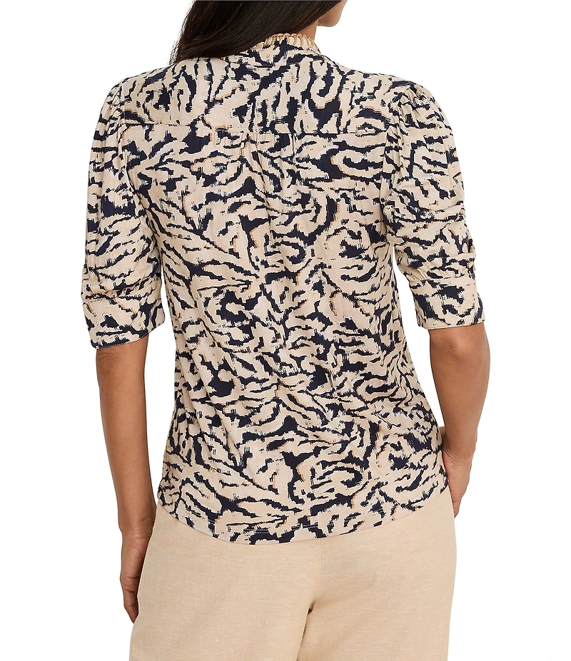 NIC + ZOE Contrast Swirl Split Neck Elbow Sleeve Top