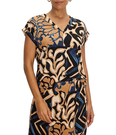 NIC + ZOE Coordinating Deco Bloom Print V-Neck Cap Sleeve Top