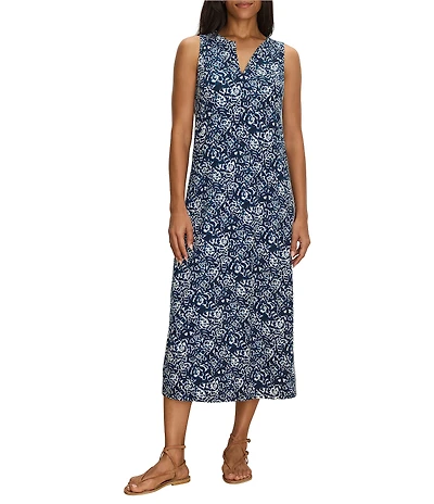 NIC + ZOE Cora Shibori Lilies Print Split V-Neck Sleeveless Sheath Dress