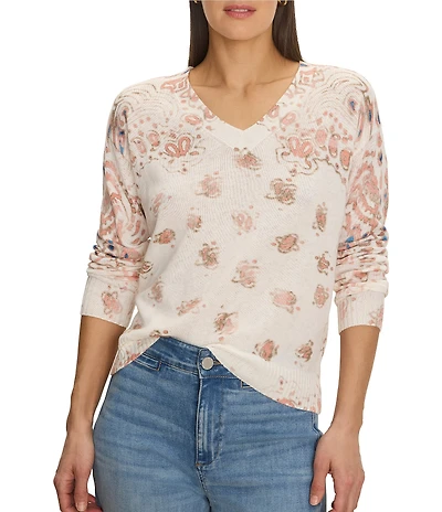 NIC + ZOE Cotton-Blend Placed Paisley Print V-Neck Long Sleeve Sweater