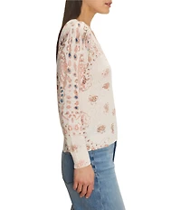 NIC + ZOE Cotton-Blend Placed Paisley Print V-Neck Long Sleeve Sweater