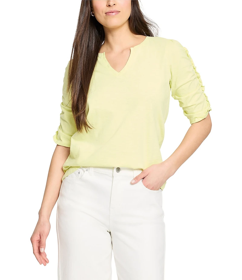 NIC + ZOE Cotton Knit Slub Split V-Neck Short Ruched Sleeve Tee Shirt
