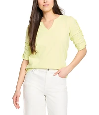 NIC + ZOE Cotton Knit Slub Split V-Neck Short Ruched Sleeve Tee Shirt