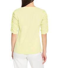 NIC + ZOE Cotton Knit Slub Split V-Neck Short Ruched Sleeve Tee Shirt