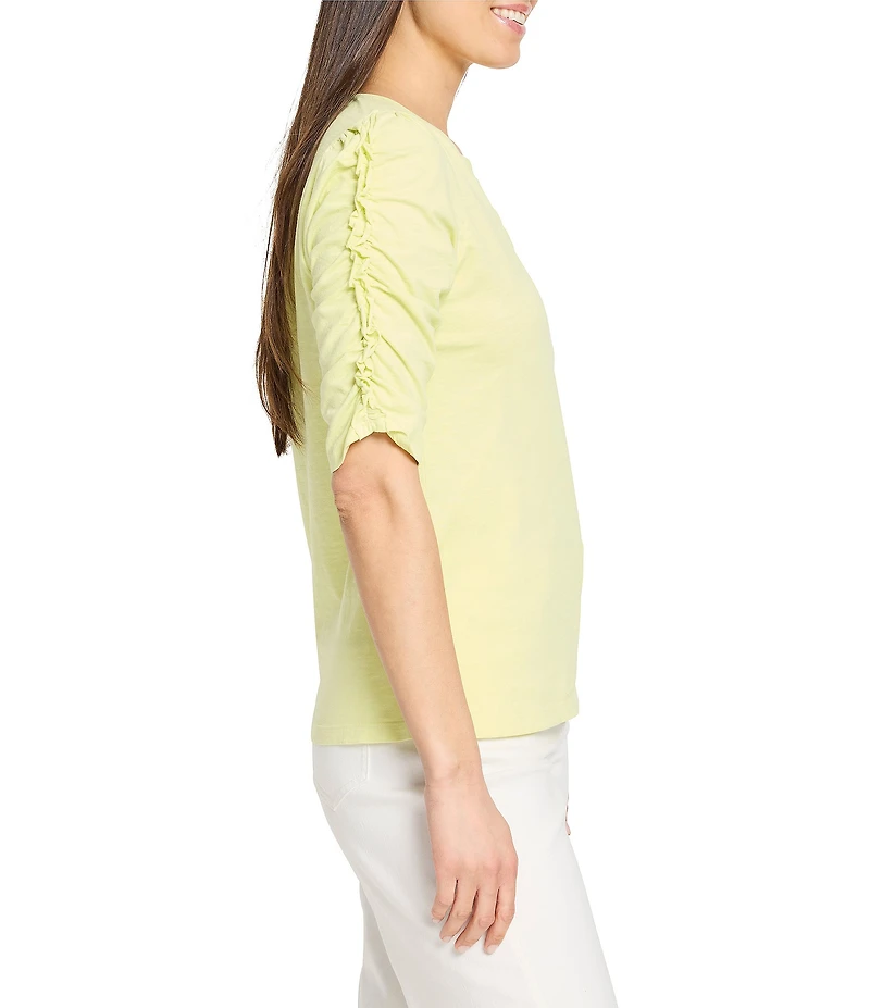 NIC + ZOE Cotton Knit Slub Split V-Neck Short Ruched Sleeve Tee Shirt