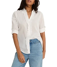 NIC + ZOE Cotton Lawn Point Collar Long Sleeve Ruffle Trim Button-Front Shirt