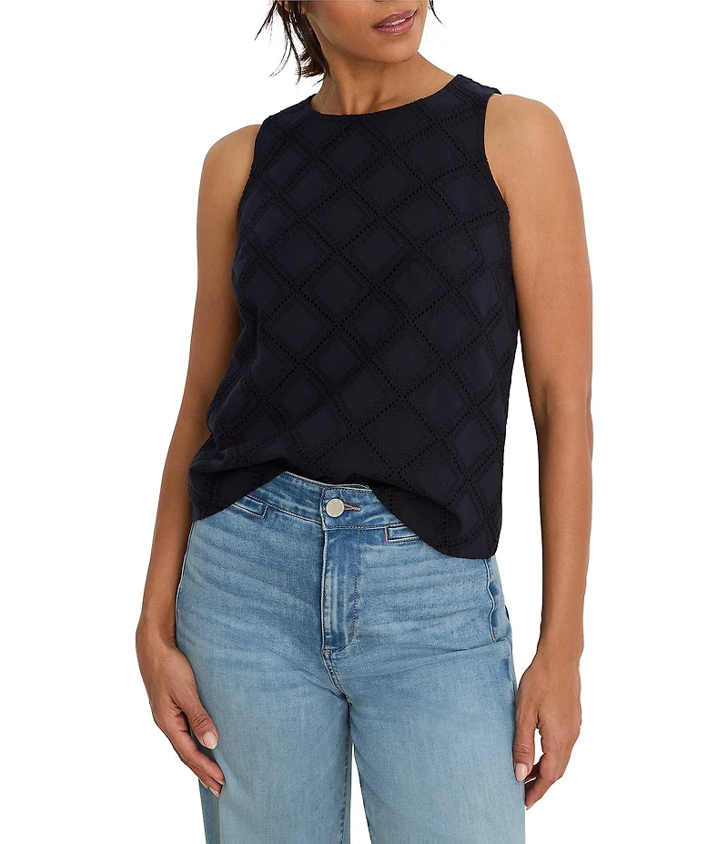 NIC + ZOE Cotton Lawn Round Neck Sleeveless Diamond Eyelet Top