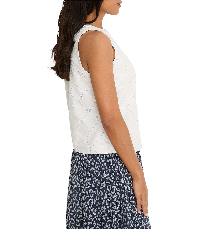 NIC + ZOE Cotton Lawn Round Neck Sleeveless Diamond Eyelet Top