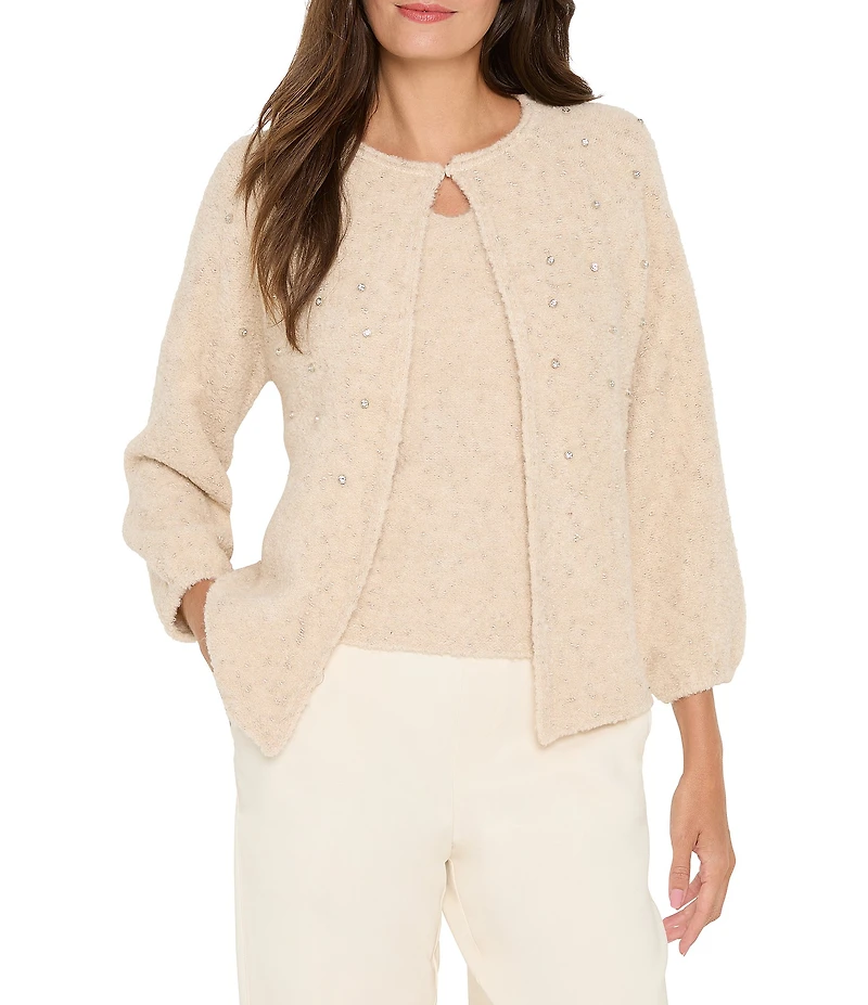 NIC + ZOE Cozy Lurex Nep Round Neck 3/4 Sleeve Rhinestone Cardigan