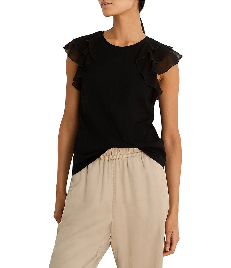 NIC + ZOE Crew Neck Layered Ruffle Chiffon Cap Sleeve Drift Top