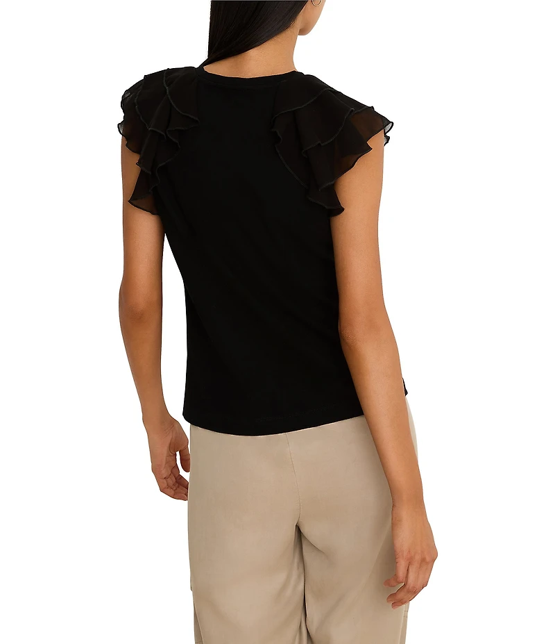 NIC + ZOE Crew Neck Layered Ruffle Chiffon Cap Sleeve Drift Top