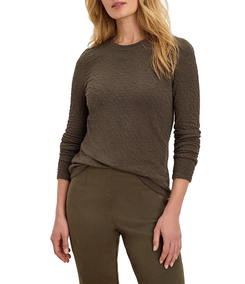 NIC + ZOE Crinkle Knit Textured Crew Neck Long Sleeve Fitted Top