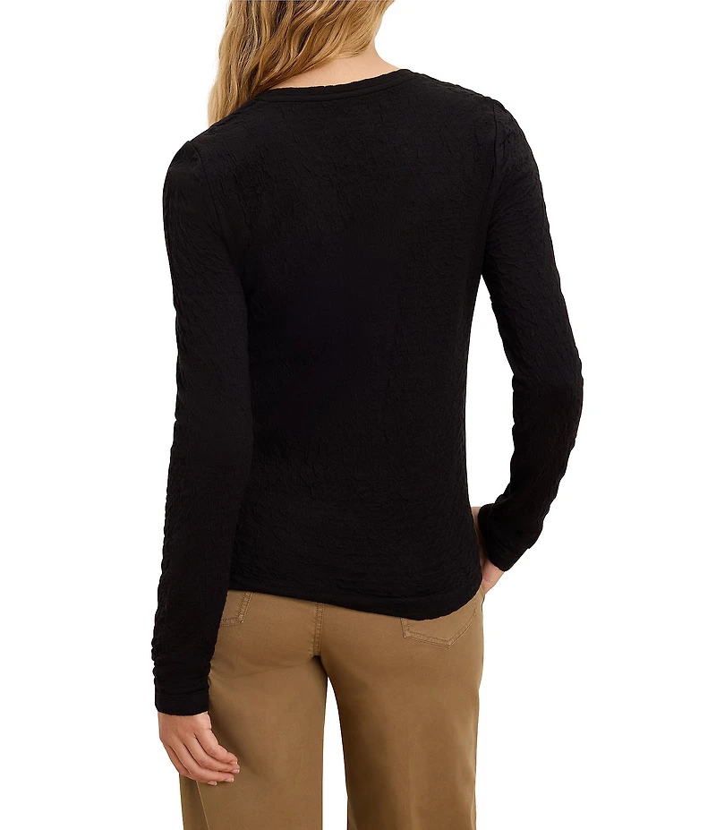 NIC + ZOE Crinkle Knit Textured Crew Neck Long Sleeve Fitted Top