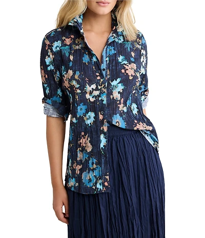 NIC + ZOE Crinkled Glowy Floral Point Collar Long Sleeve Button Front Shirt