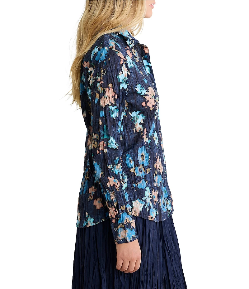 NIC + ZOE Crinkled Glowy Floral Point Collar Long Sleeve Button Front Shirt