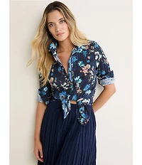 NIC + ZOE Crinkled Glowy Floral Point Collar Long Sleeve Button Front Shirt