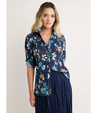 NIC + ZOE Crinkled Glowy Floral Point Collar Long Sleeve Button Front Shirt