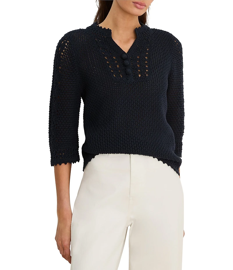 NIC + ZOE Crochet Mesh Split Neck Elbow Sleeve Top