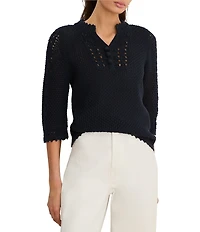 NIC + ZOE Crochet Mesh Split Neck Elbow Sleeve Top